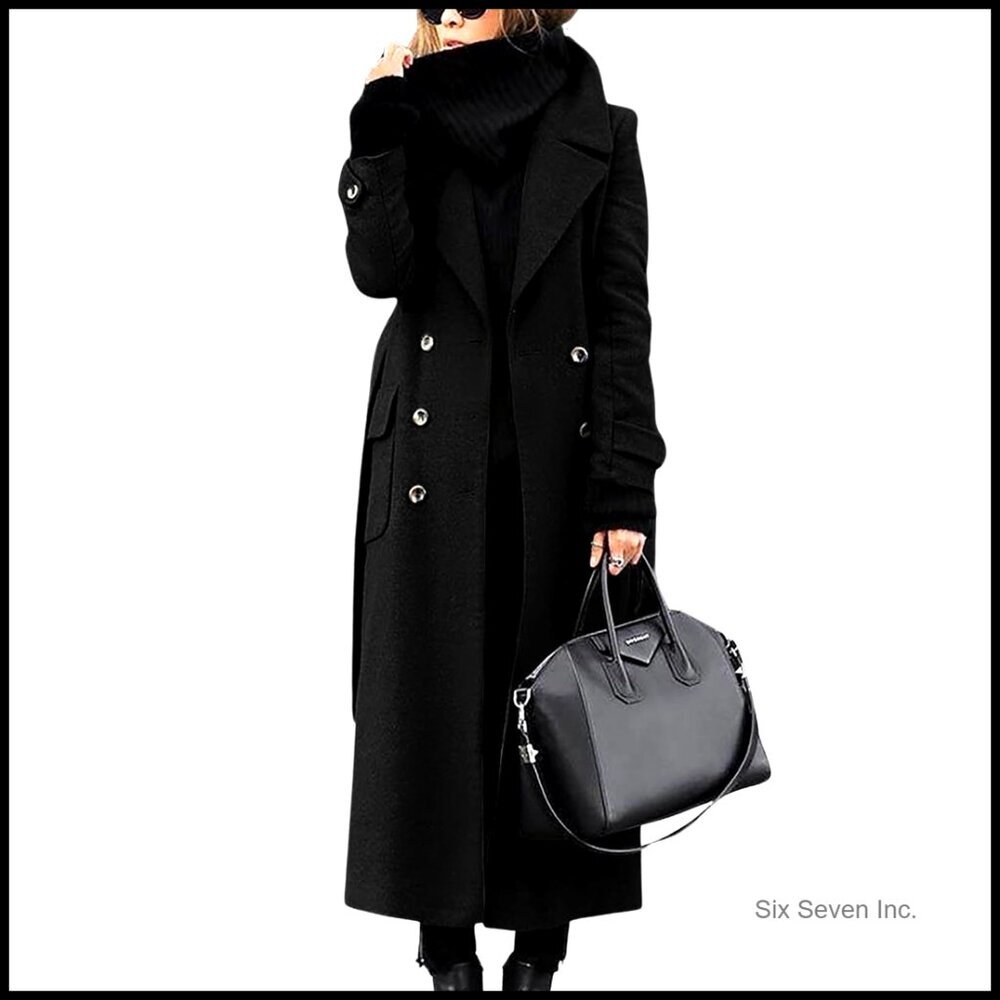 Women's Wool Blend Pea Coat Double Breasted Belted Trench Maxi Length